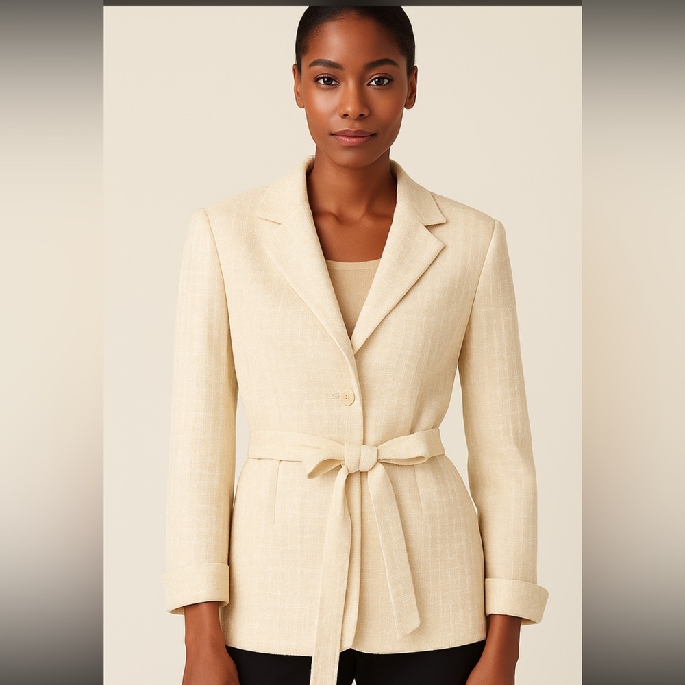 ✨ Carlisle Silk-Blend Textured Belted Blazer – Women’s 14 – Ivory/ChampagneTweed